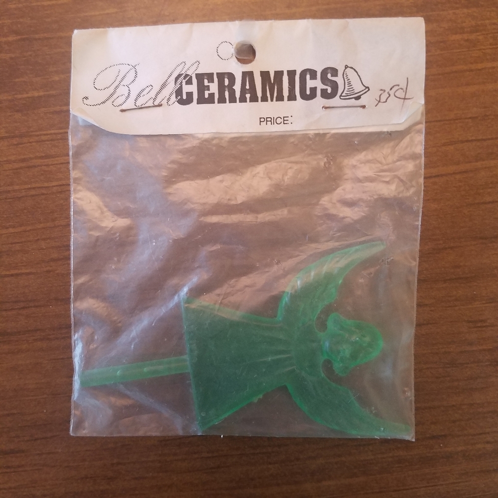Vintage Ceramic Christmas Tree Topper Green Angel Bell Ceramics. NOS.